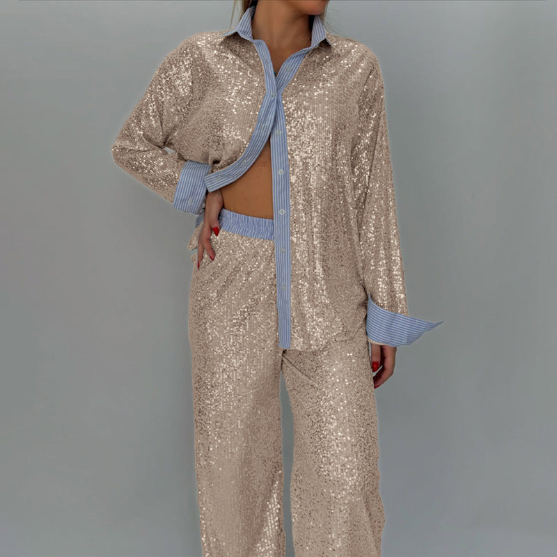 Women Casual Sequin Blazer and Wide-Leg Pants Two-Piece Set 5