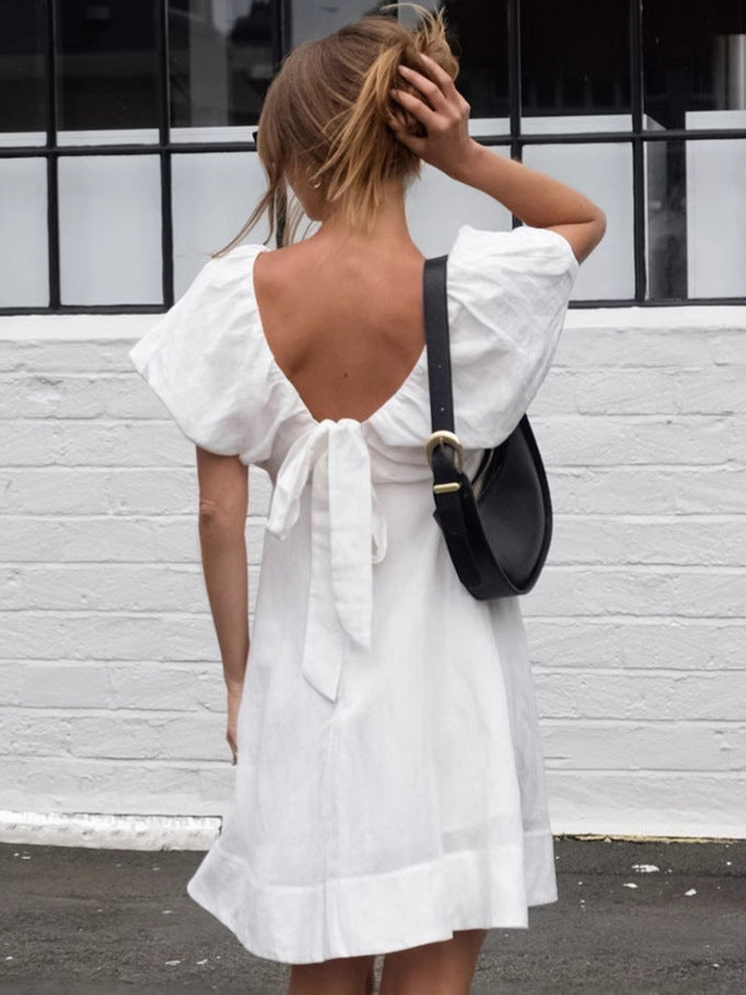 Women Early Spring V-neck Puff Sleeve Dress 3