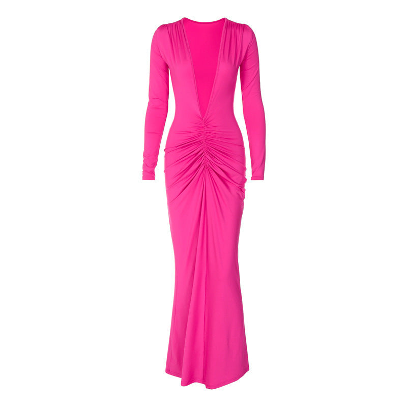 Women's Long-Sleeved Sexy Deep V-Neck Pleated Slim Long Dress 18