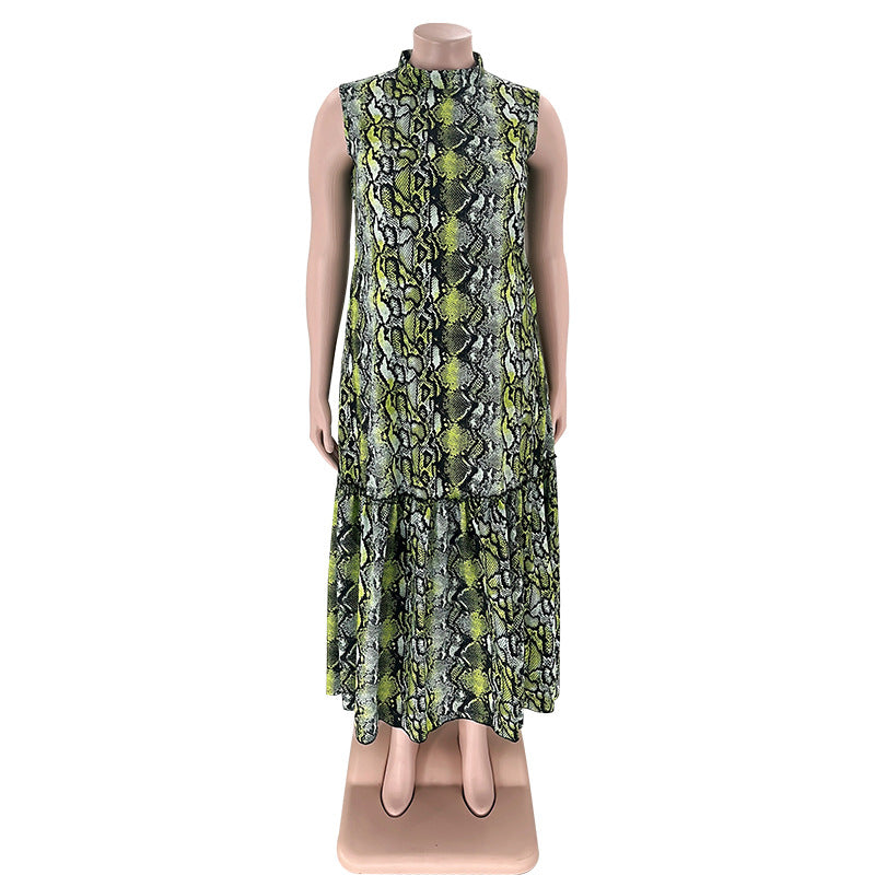 Summer Stand Collar Sleeveless Print Plus Size Women's Stylish Loose Long Dress 16