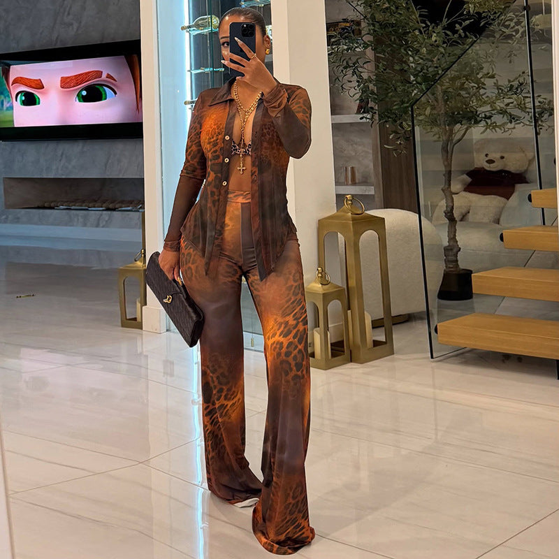 Women Printed Mesh Turndown Collar Long-Sleeved Button Top and Bell Bottom Pants Two-Piece Set 8