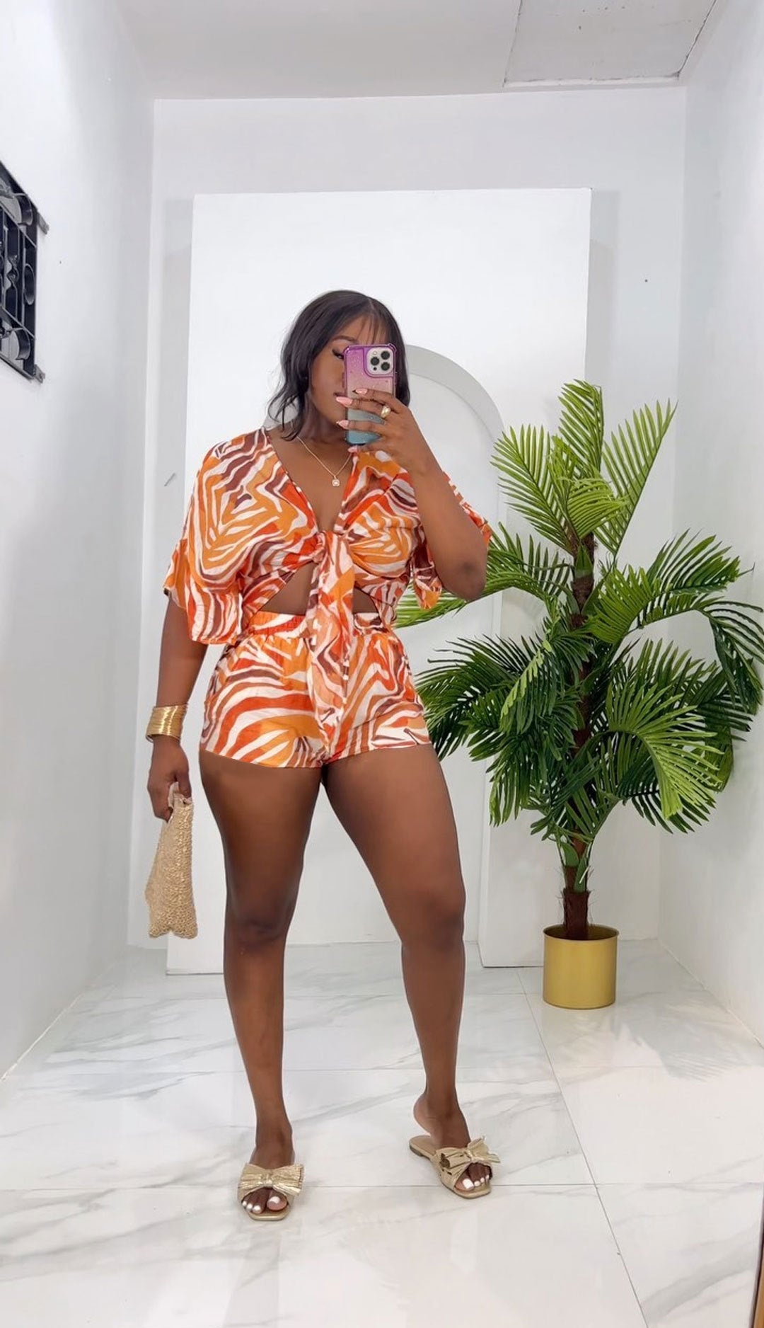 Printed Lace-Up Bat Sleeves Loose Two-Piece Shorts Set