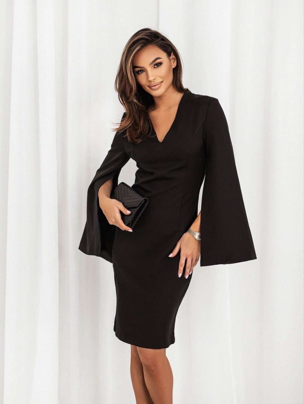 Women Autumn V Neck Slit Long Sleeve Solid Dress 3