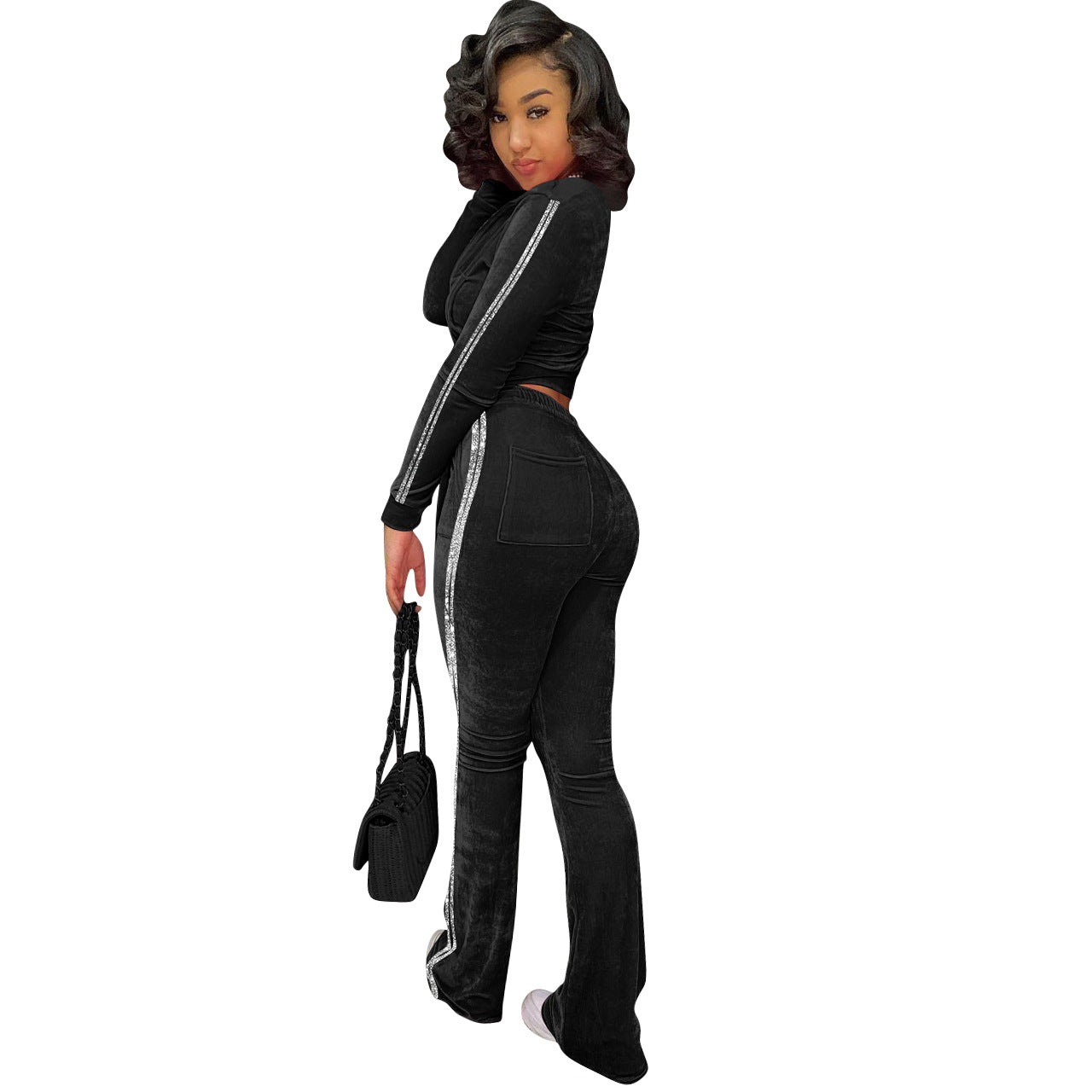 Women's Solid Velvet Casual Zip Top Wide Leg Pants Two Piece Tracksuit 45