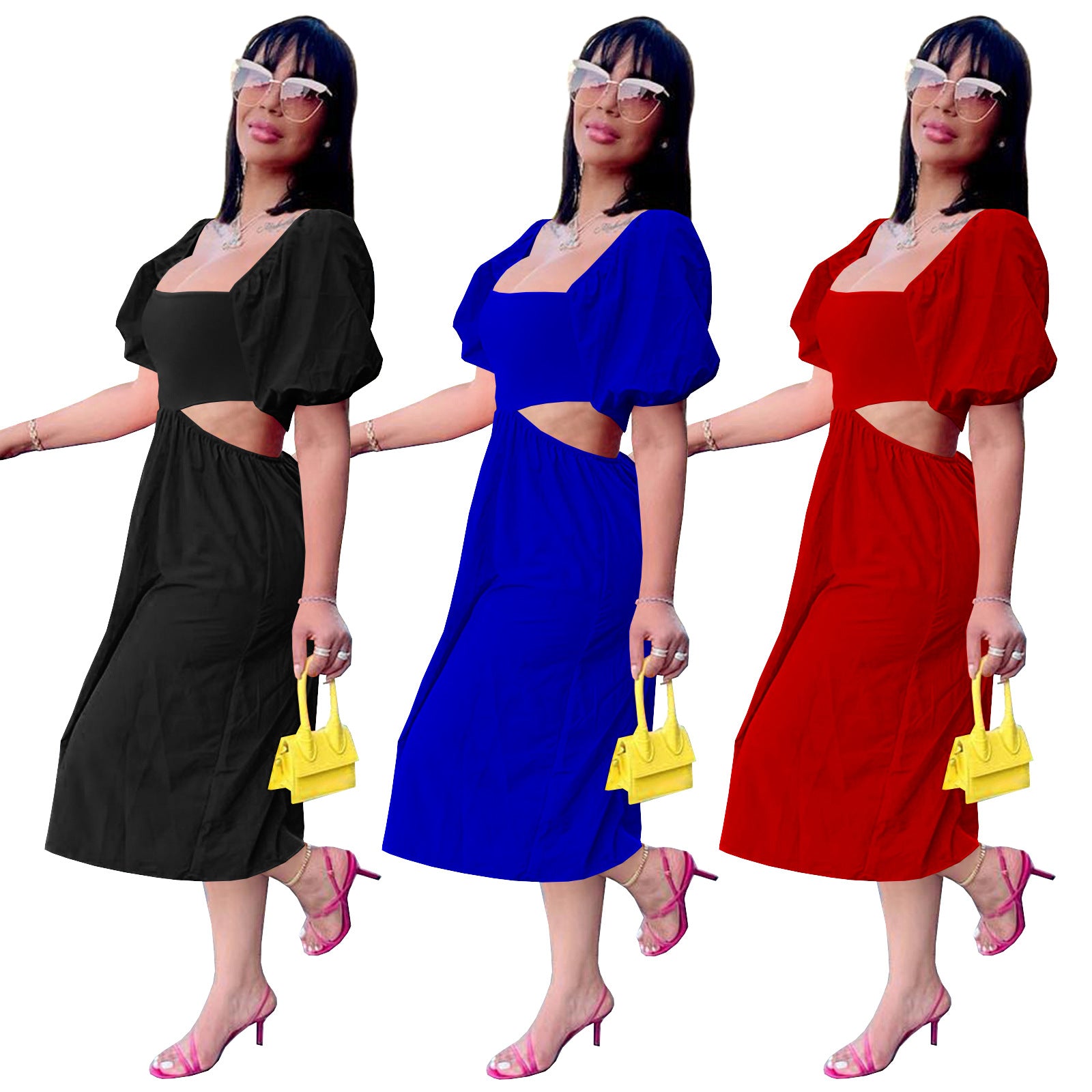 Women Solid U Neck Lantern Short Sleeve Irregular Dress 6