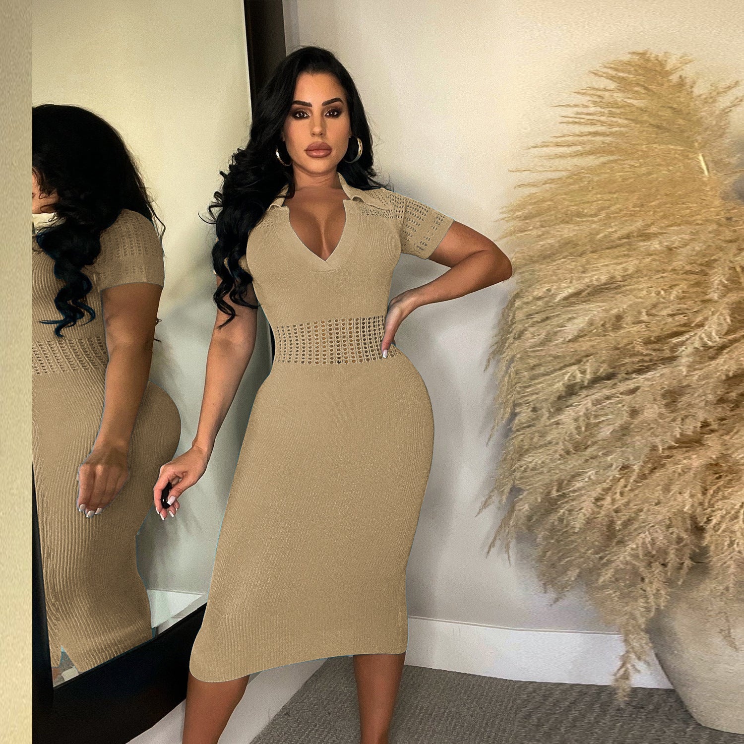 Women Sexy Ripped Turndown Collar Sweater Dress 7