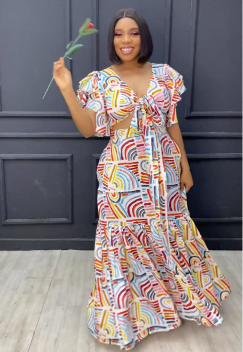 Women Sexy Printed Ruffle Lace-Up Top and Skirt Two-piece Set 3