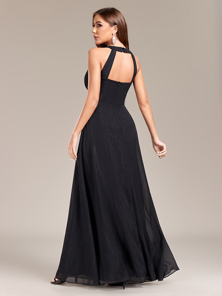Halter Neck Low Back Pleated Slim Waist Formal Party Black Evening Gown 3