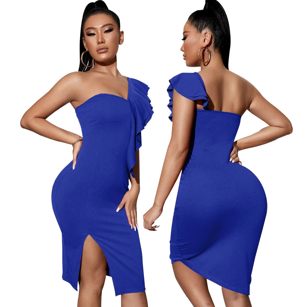 Women Sexy Solid One Shoulder Ruffle Dress 6