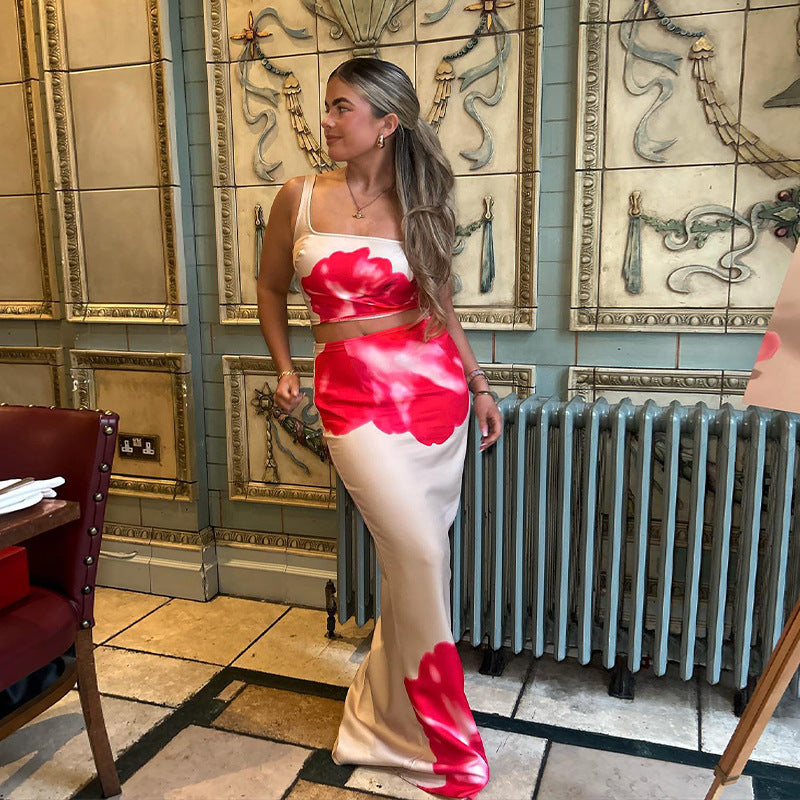 Women summer flower print sleeveless suspenders Crop Top and Long Skirt two-piece set 4