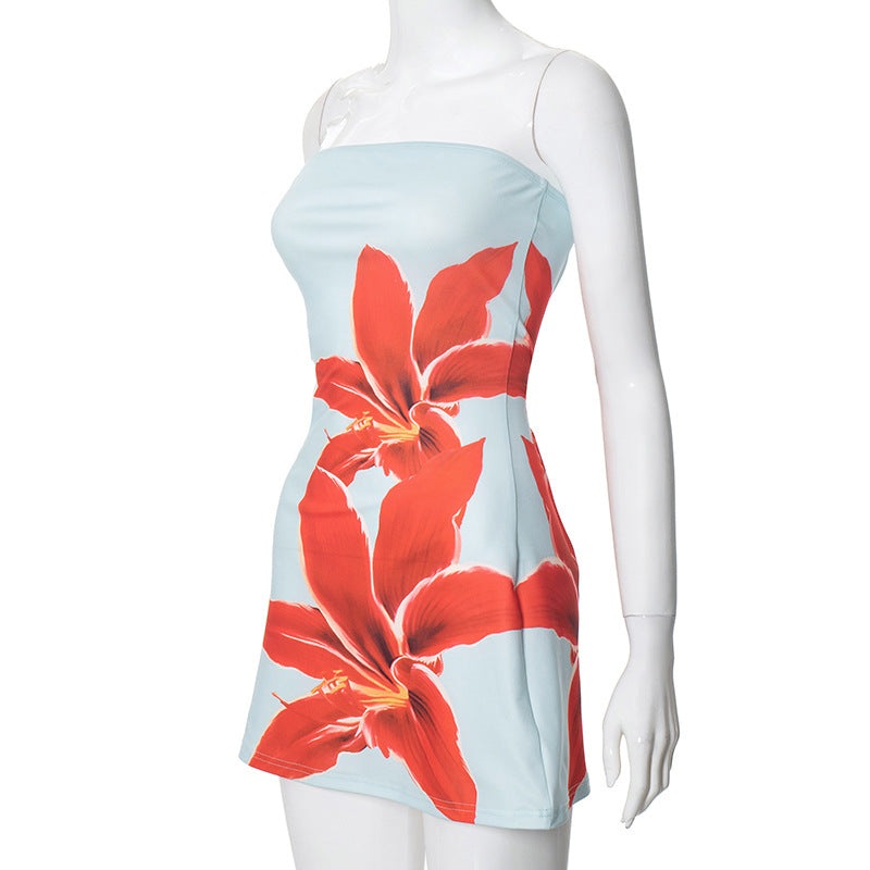 Women's Summer Casual Strapless Flower Print Slim Mini Dress 14