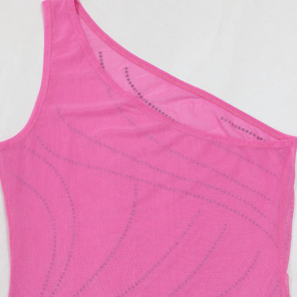 Sexy Solid Color Beaded Slash Shoulder Tassel Irregular Dress For Women 11