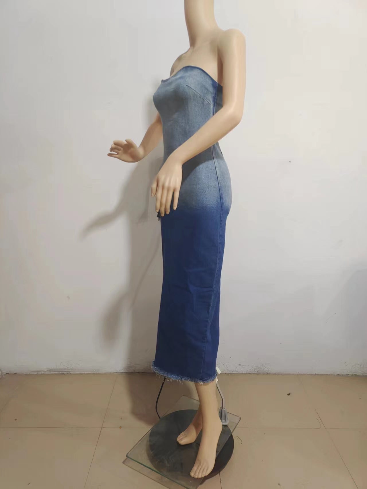 Women's Sexy Gradient Strapless Slit Bodycon Stretch Denim Dress 9
