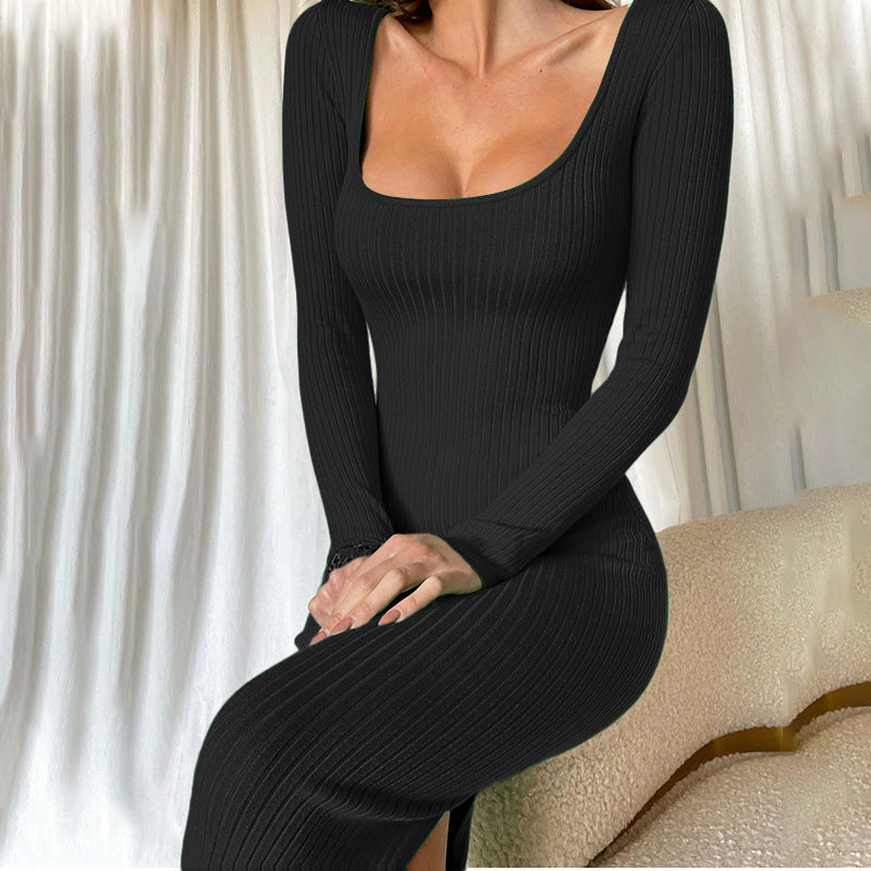 Women Spring Sexy Solid U-shaped Neck Long Sleeve Slit Ribbed Dress 4