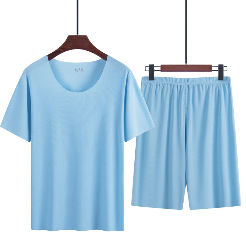 Ice Silk Pajamas Men's Summer Home Clothes Seamless Round Neck Short-Sleeved Men's T-Shirt Shorts Set 4