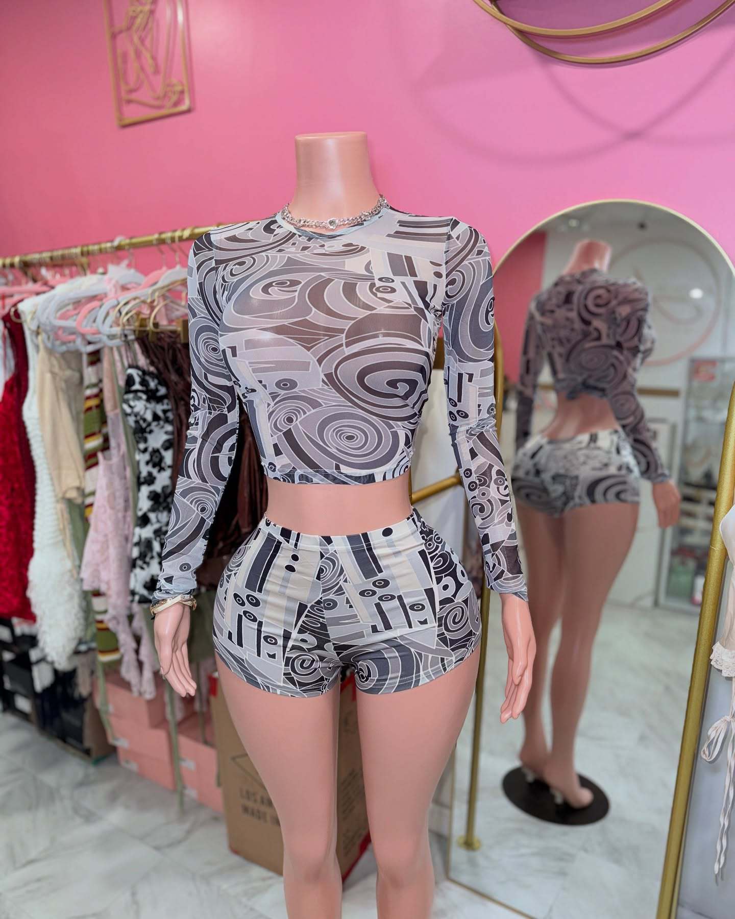 Women Sexy Mesh Print Top and Skirt Two-Piece Set 4