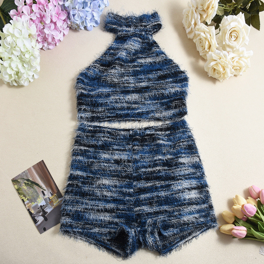 Summer Women's Slim Fit Low Back Crop Top Knitted Shorts Set 10
