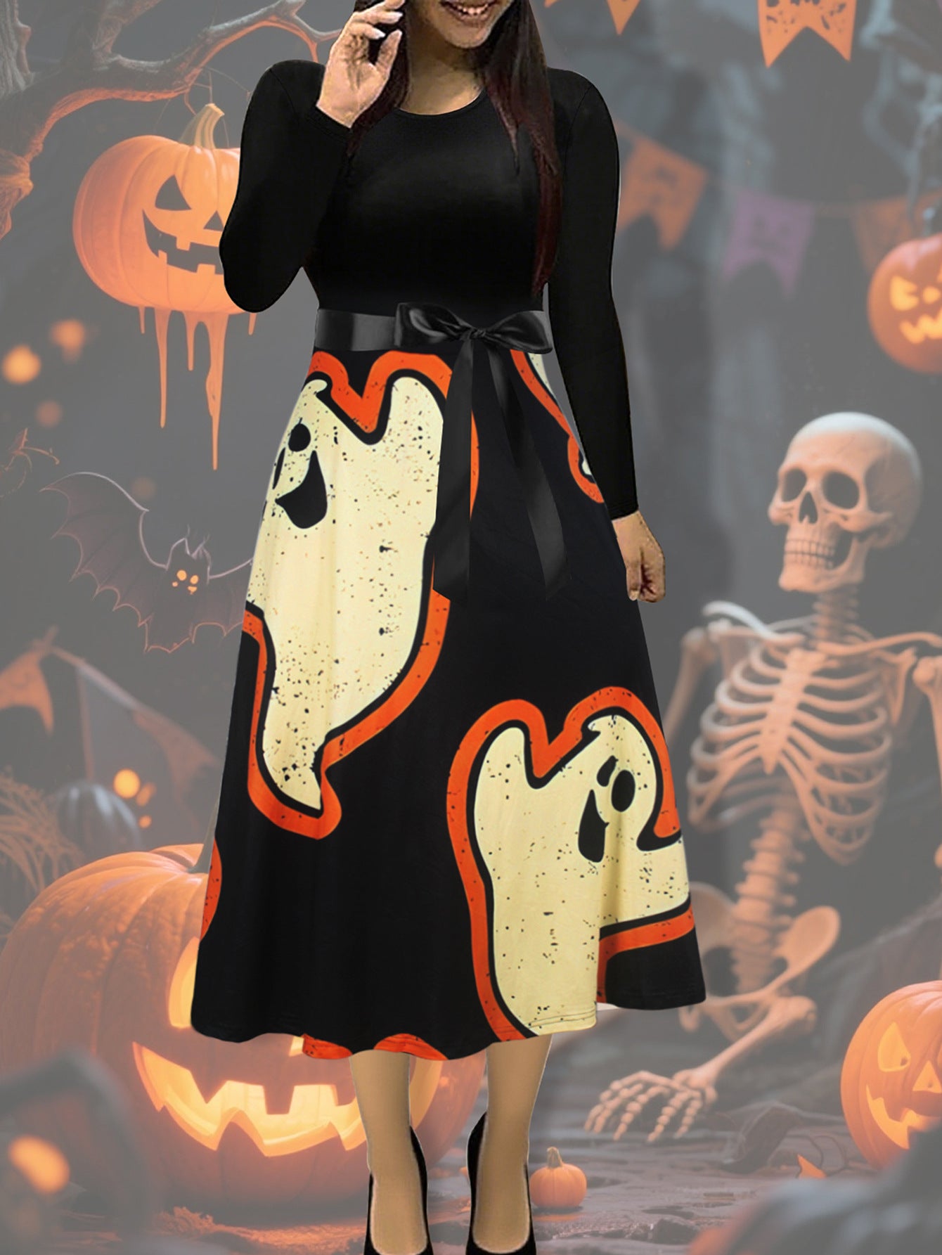 Women Halloween Long-Sleeved Round Neck Dress with Bow 4