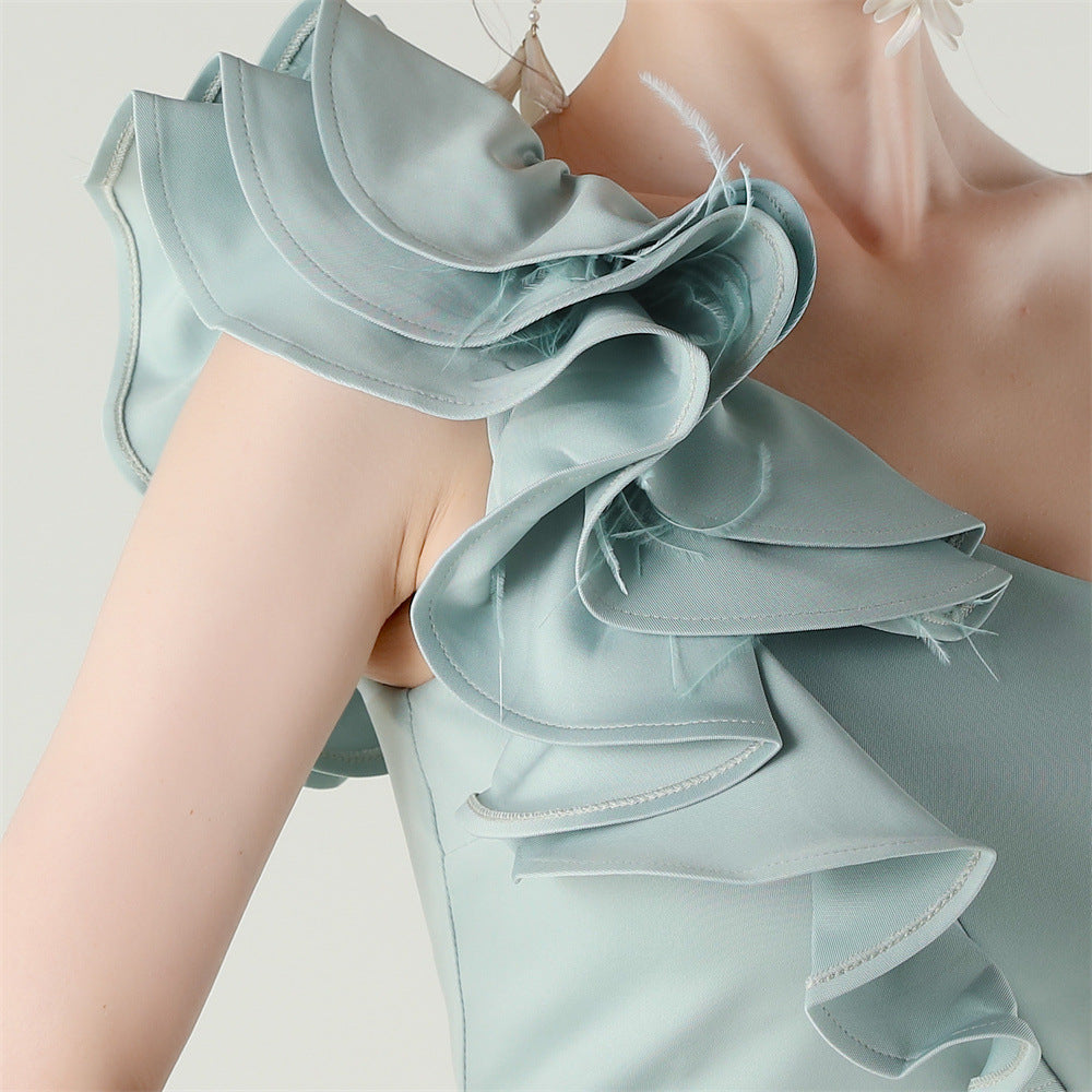 Women One-Shoulder Beaded Wool and Floral Satin Slit Sexy Evening Dress 73