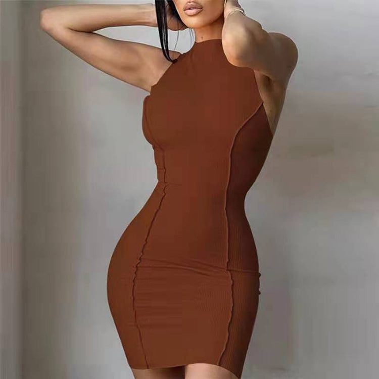 Summer Ladies Round Neck Sleeveless Solid Color Fashion Slim Bodycon Dress 5