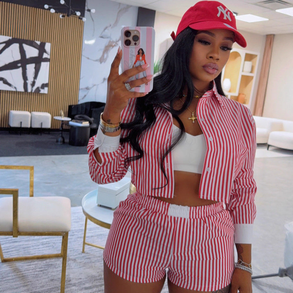 Women's Chic Career Style Striped Turndown Collar Shirt & Shorts Two-Piece Set 4