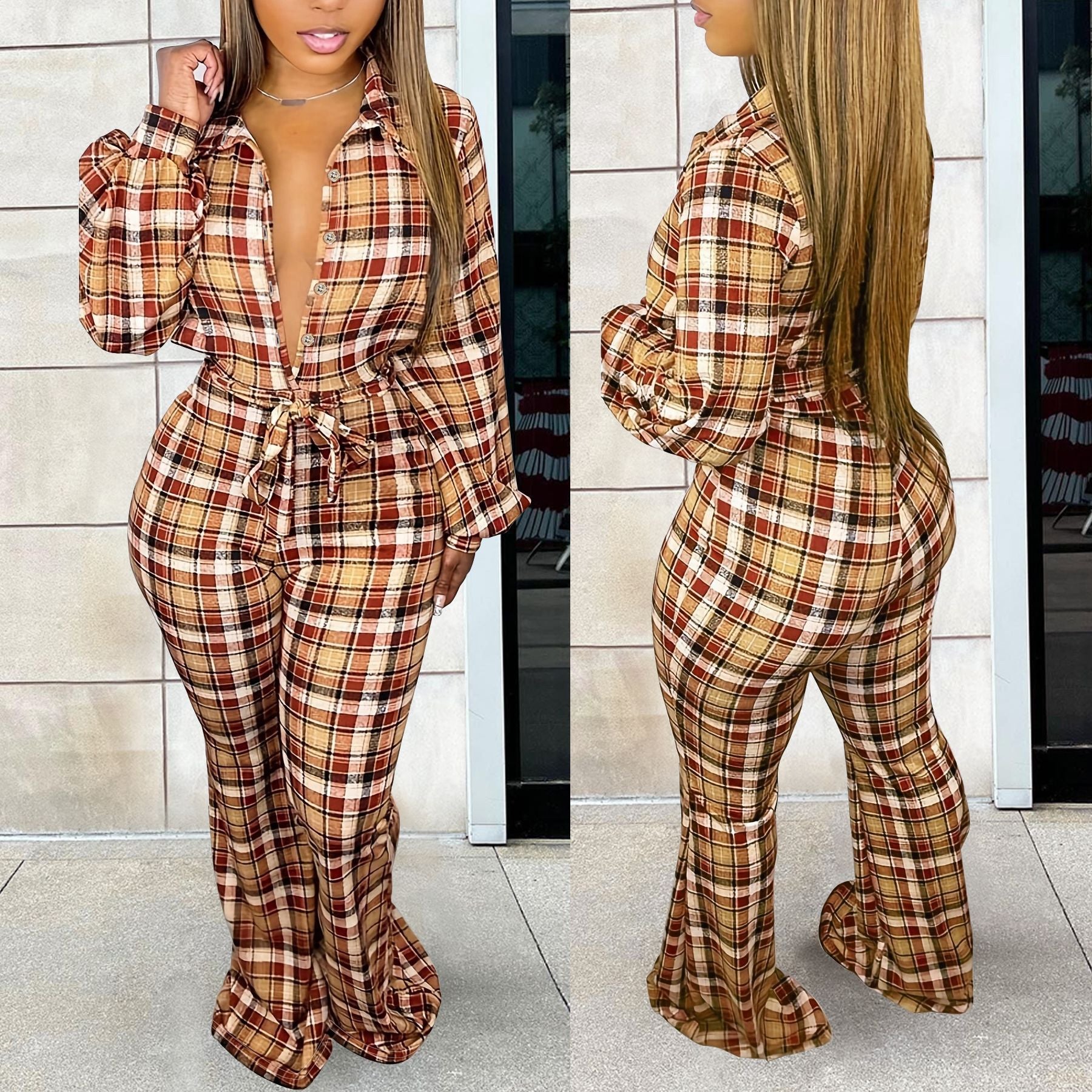 Plus Size Women's Autumn Fashion Long Sleeve Plaid Print Casual Jumpsuit 7