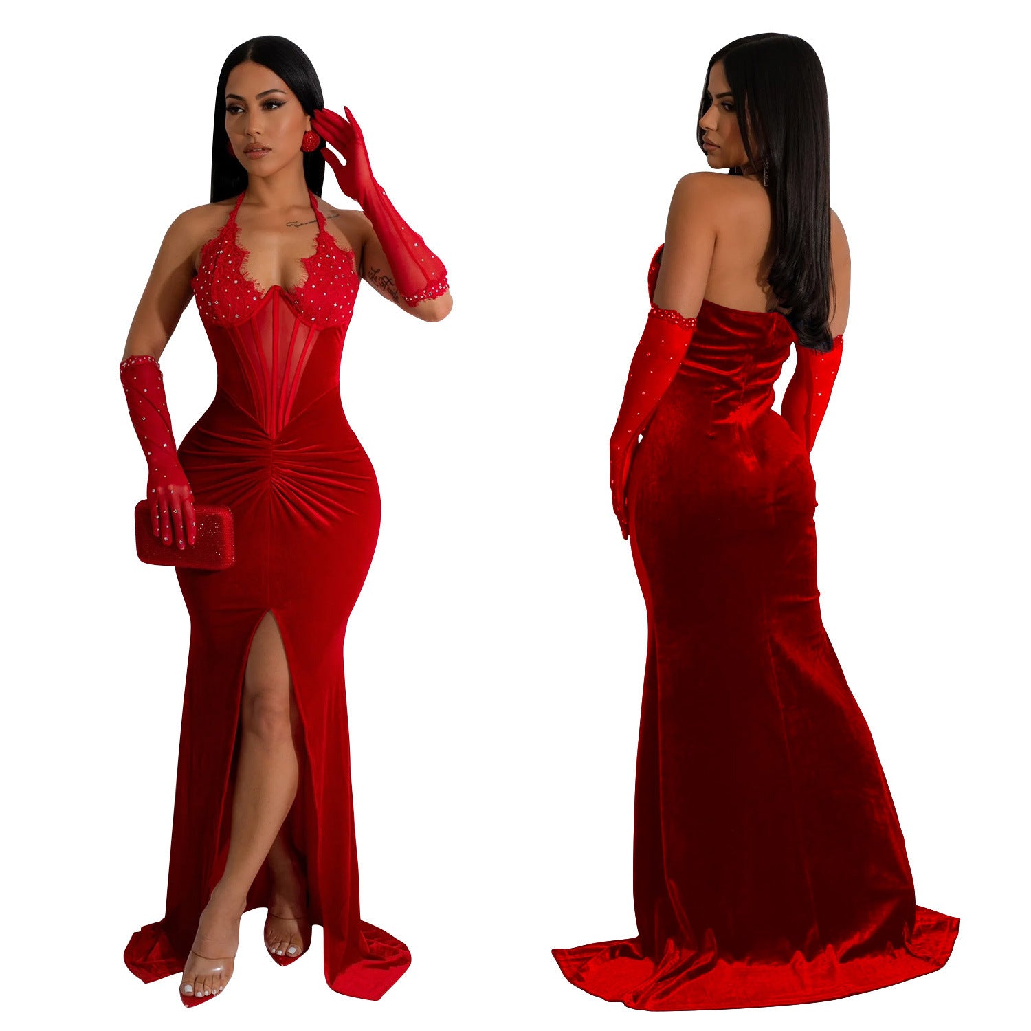 Fashion Women's Solid Color Halter Neck Slit Sexy Long Dress 4
