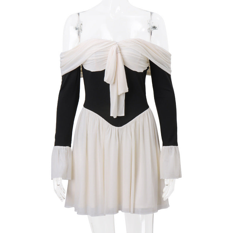 Women's Spring Sexy Off Shoulder Chic Slim Waist Bell Bottom Sleeve Mini Dress 10