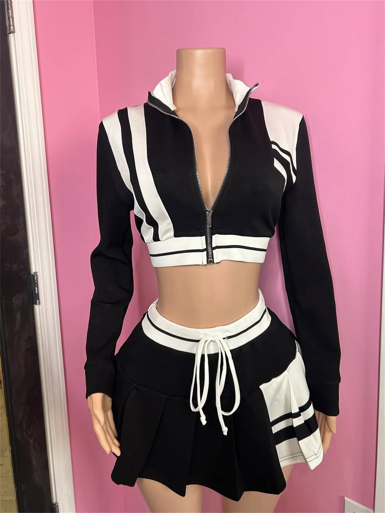 Spring Women's Clothing color contrast jacket top fashion short skirt two-piece set for women 6