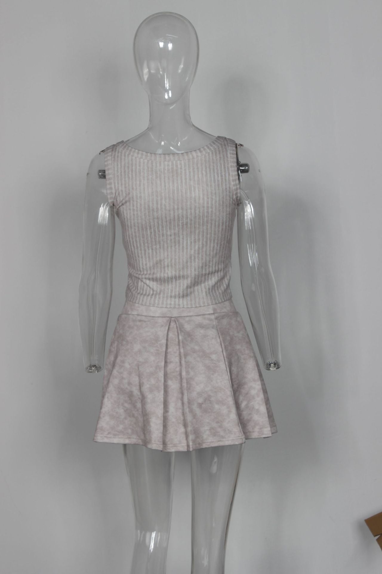 Summer Letter Ribbed Tight Fitting Short Vest Top Pleated Skirt Set 9