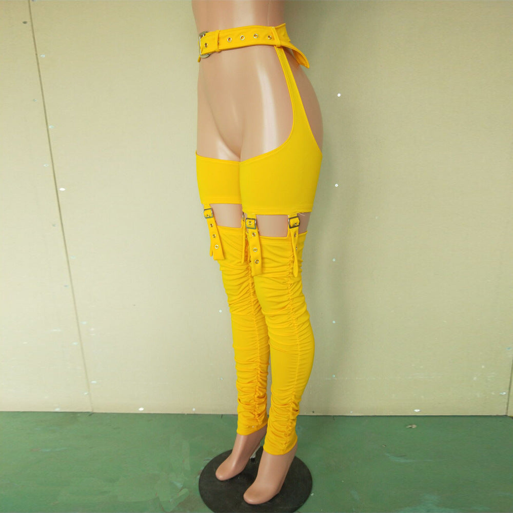 Women Sexy Belt Irregular Pleats Tight Pants 7