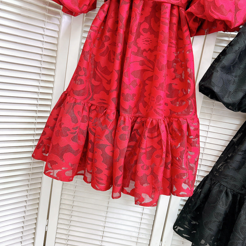 Women Round Neck Vintage Jacquard Puff Sleeve Casual Belt Dress 18