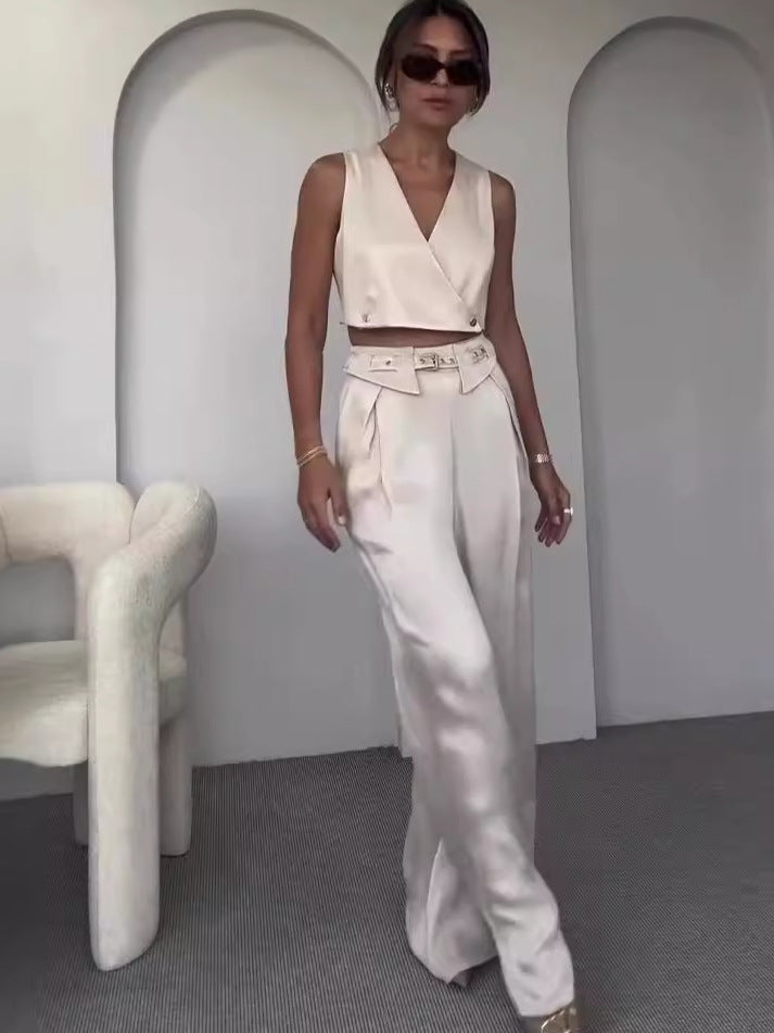Summer women's solid color v-neck vest wide-leg trousers fashion set 7