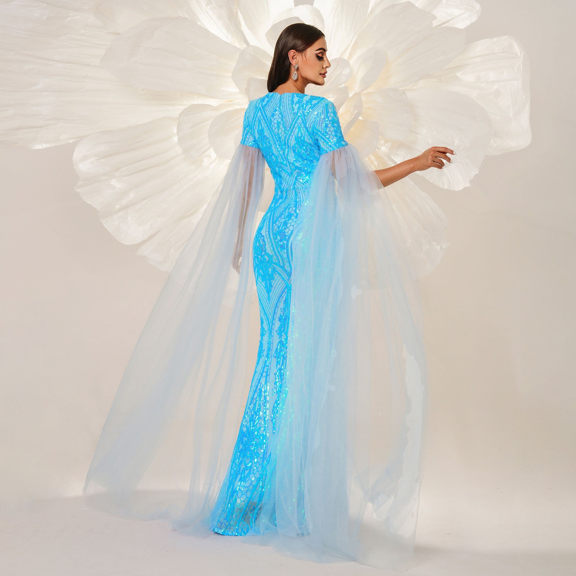 Women long sleeve square neck Formal Party Bodycon sequined fishtail evening dress 4