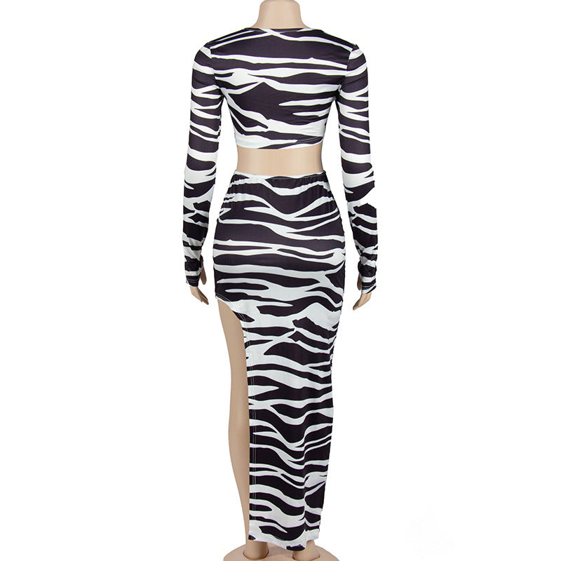 Fall Zebra Print Long Sleeve Tie Crop Top Slit Skirt Two Piece Set 5
