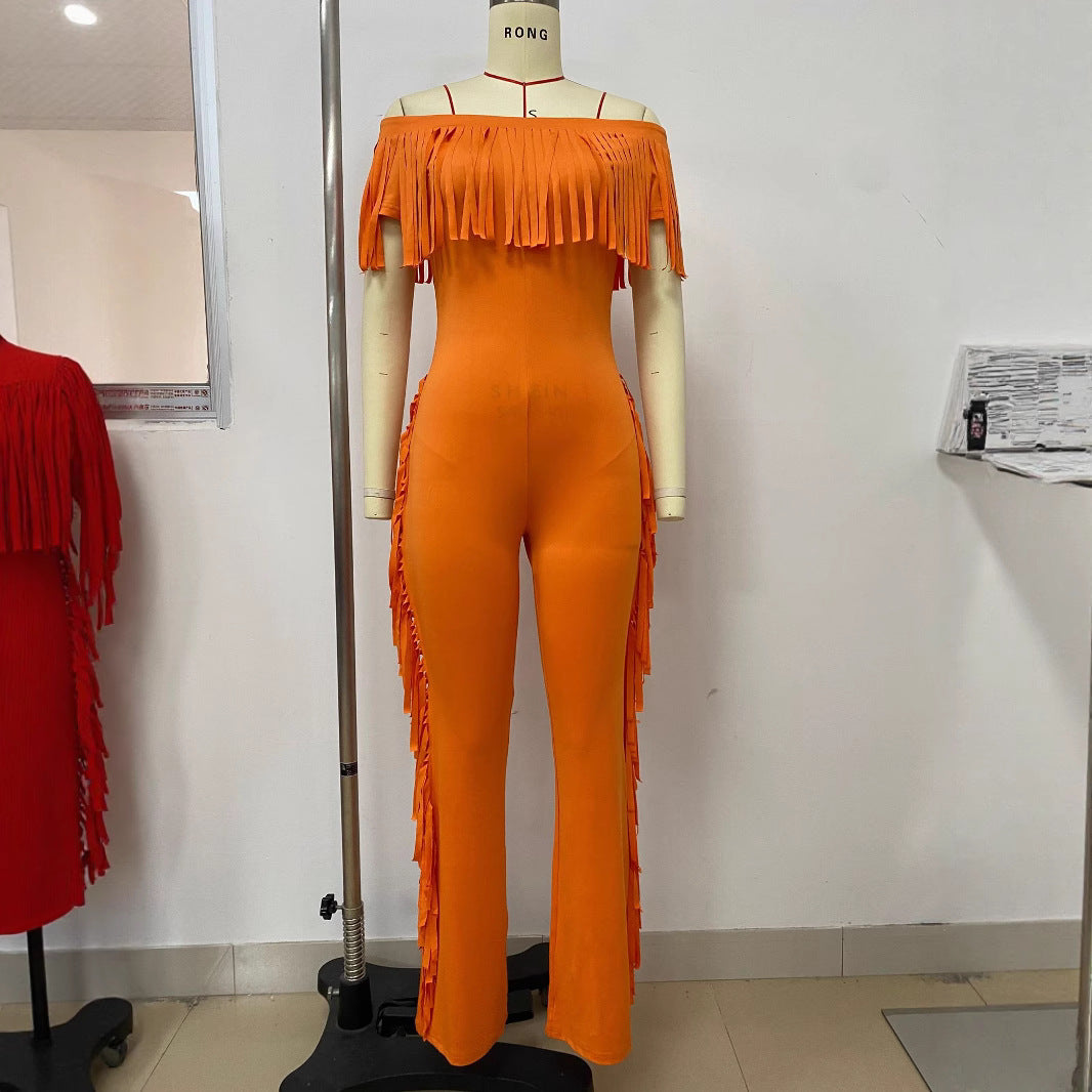 Women summer Off Shoulder short sleeve tassel lace jumpsuit 4