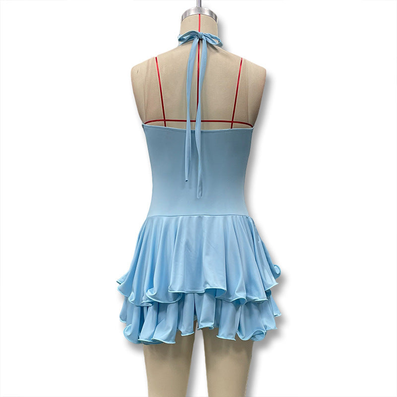 Summer Halter Neck Single-Button Ruffled Mini Dress 22