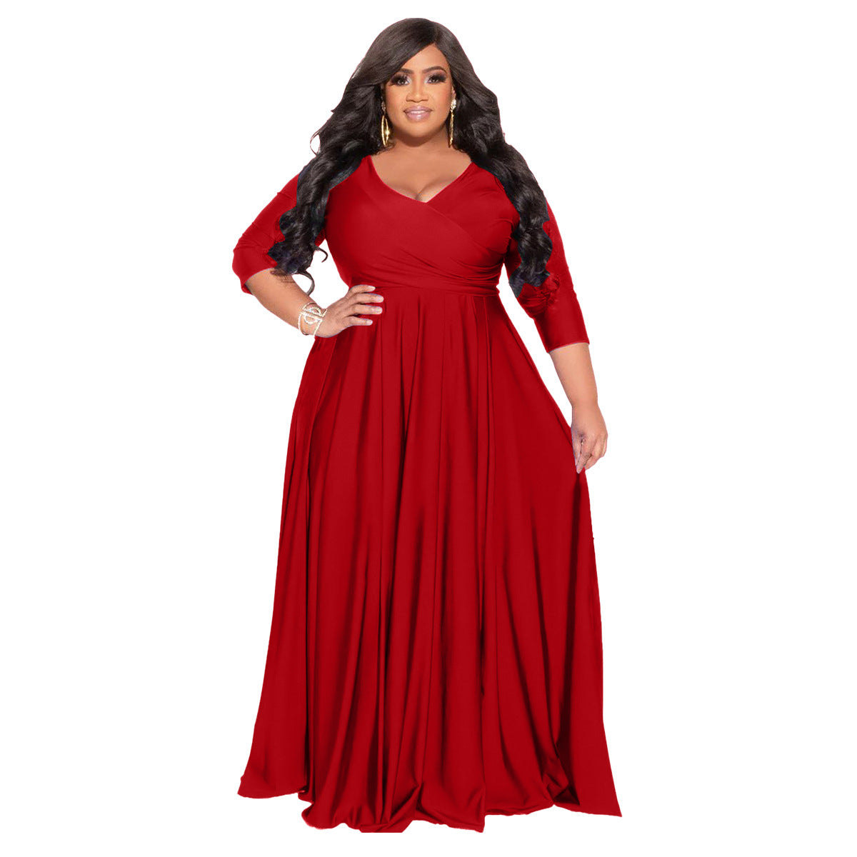 Plus Size Women's Solid Color V-Neck Sexy Wedding Long Dress 6