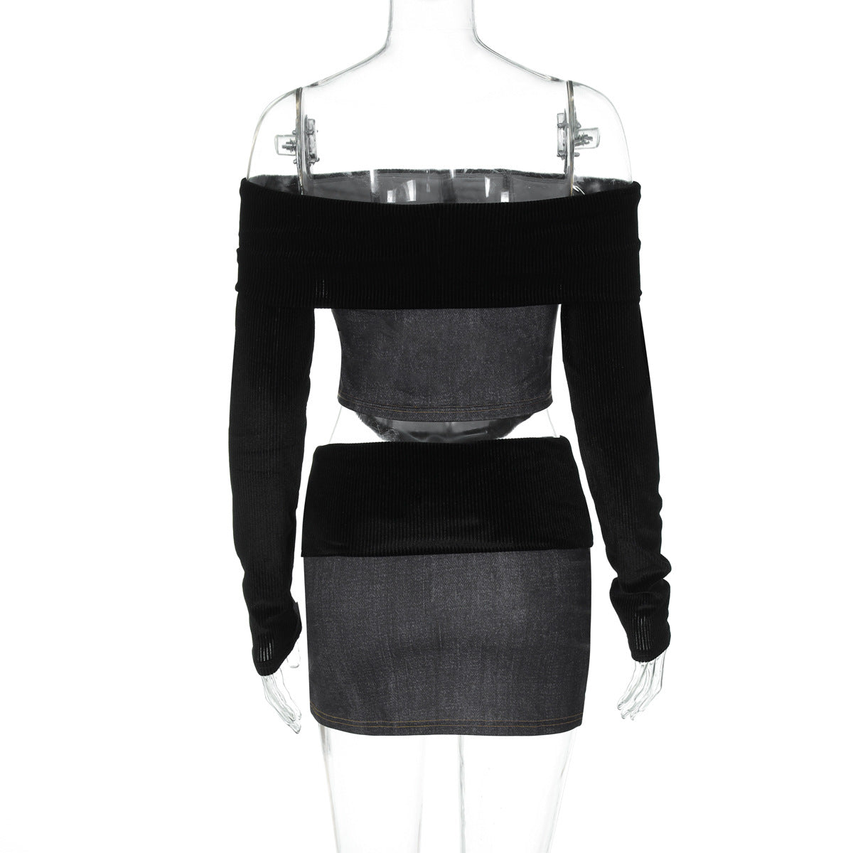 Women Fall and Winter Sexy Off Shoulder Crop Top and Slit Skirt Two Piece Set 9