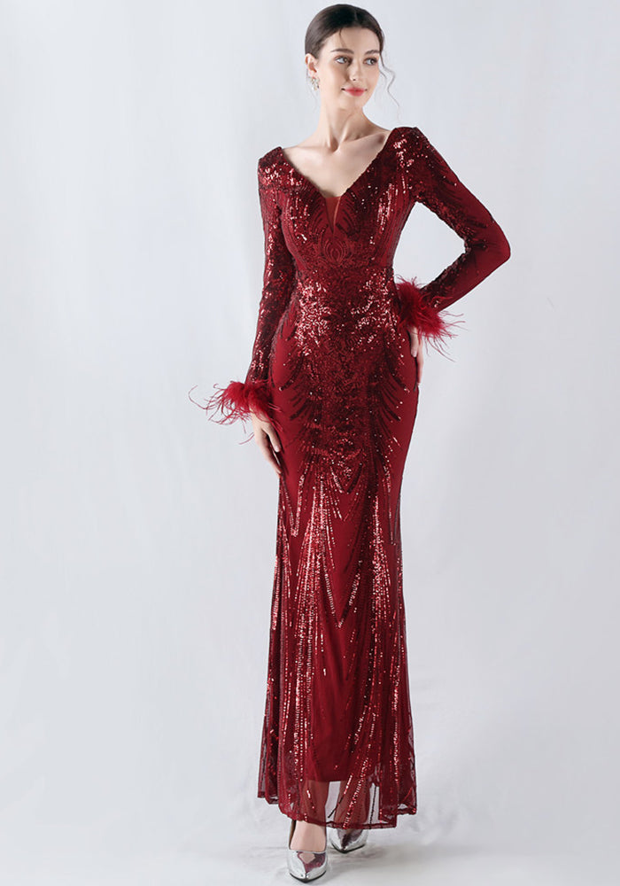 Women Positioning Flower Ostrich Feather Evening Dress