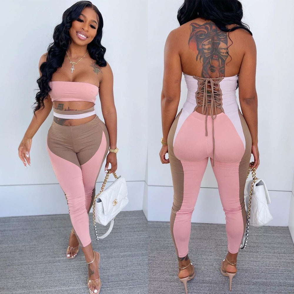 Women's Sexy Print Lace-Up Hollow Waist Strapless Jumpsuit