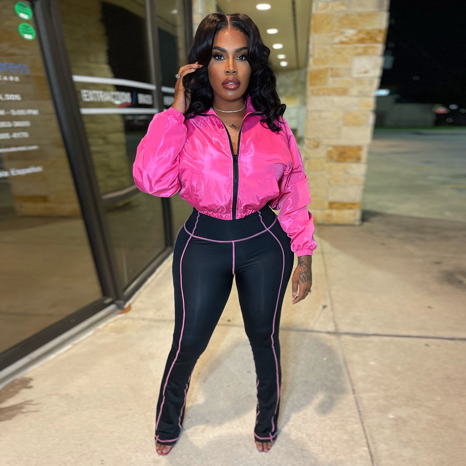 Women Casual Zippered Top and Bell Bottom Two-Piece Set 4