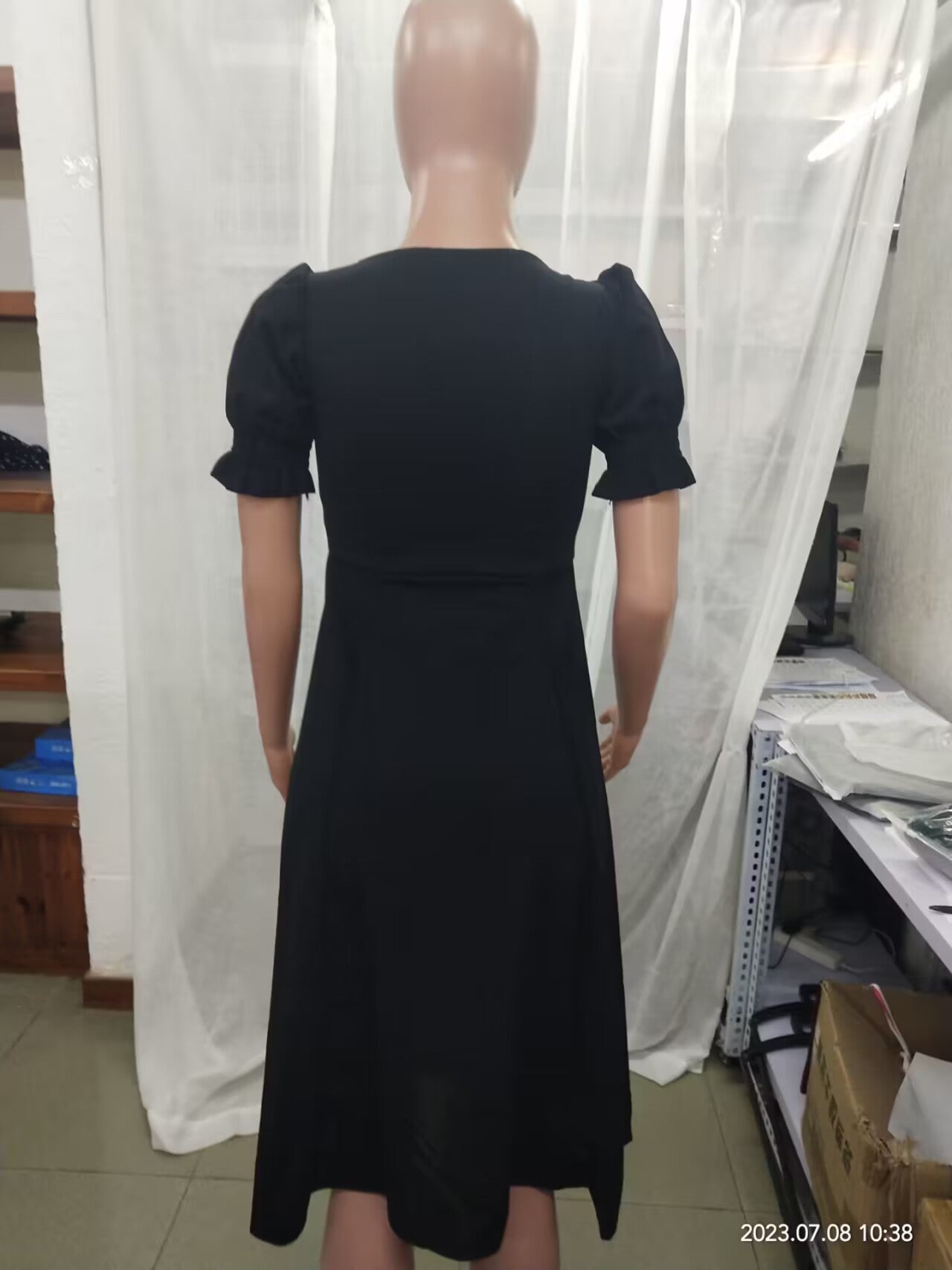 Women Summer French Style Puff Sleeve Square Neck Slit Long Dress 18