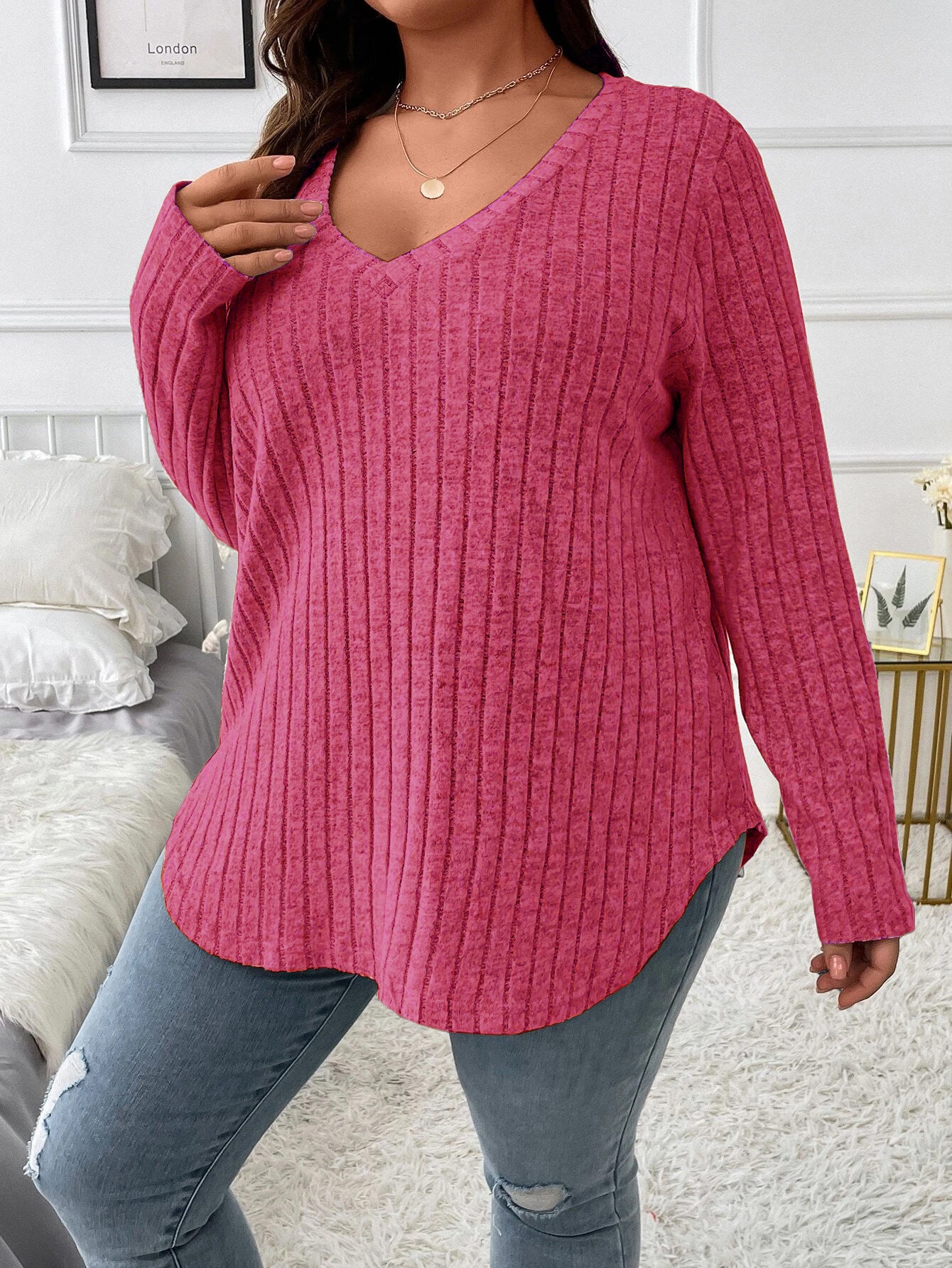 Women's Autumn Winter Solid Color Ribbed V-Neck Plus Size Pullover Top 18
