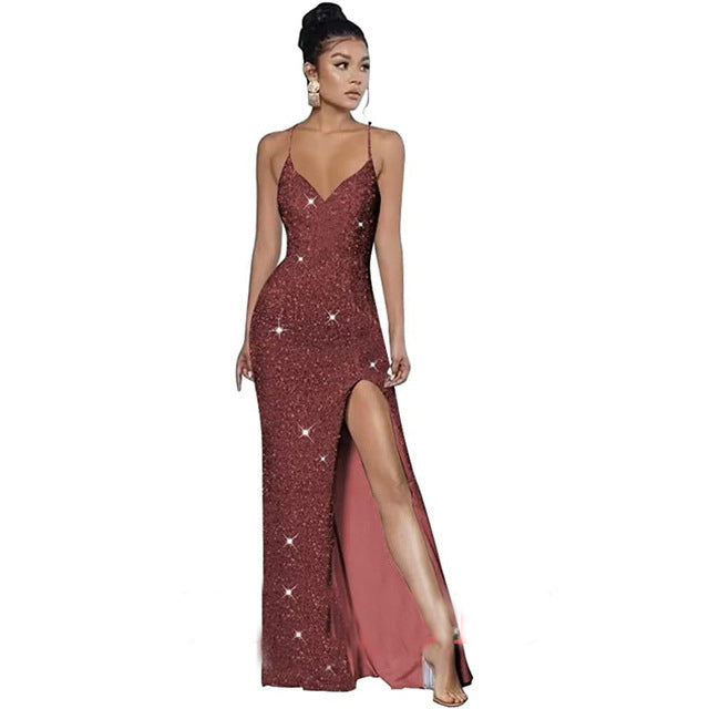 Sleeveless Backless Strap Red Deep V-Neck Sequin Dress（Processing time need 3-6 days） 4