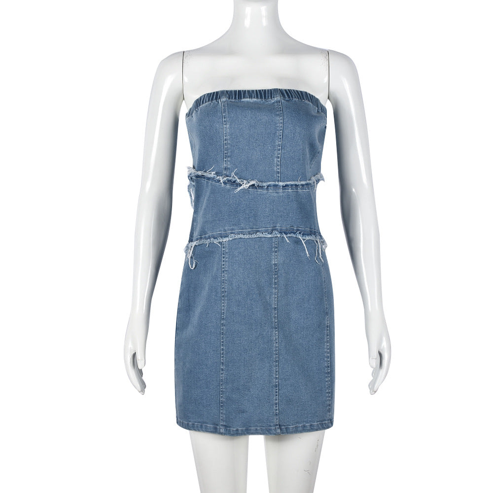 Women summer washed tassel Denim zipper off shoulder dress 6