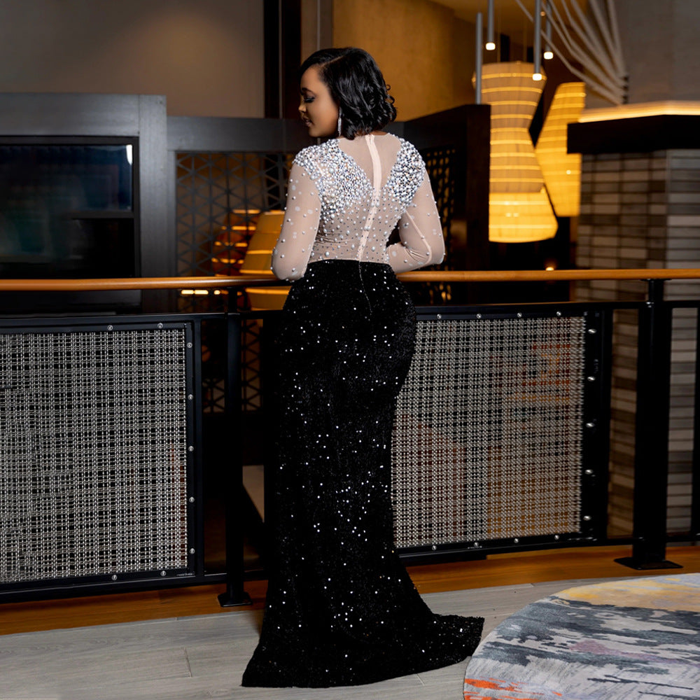 Round Neck High Slit Beaded Fashion Dress 4