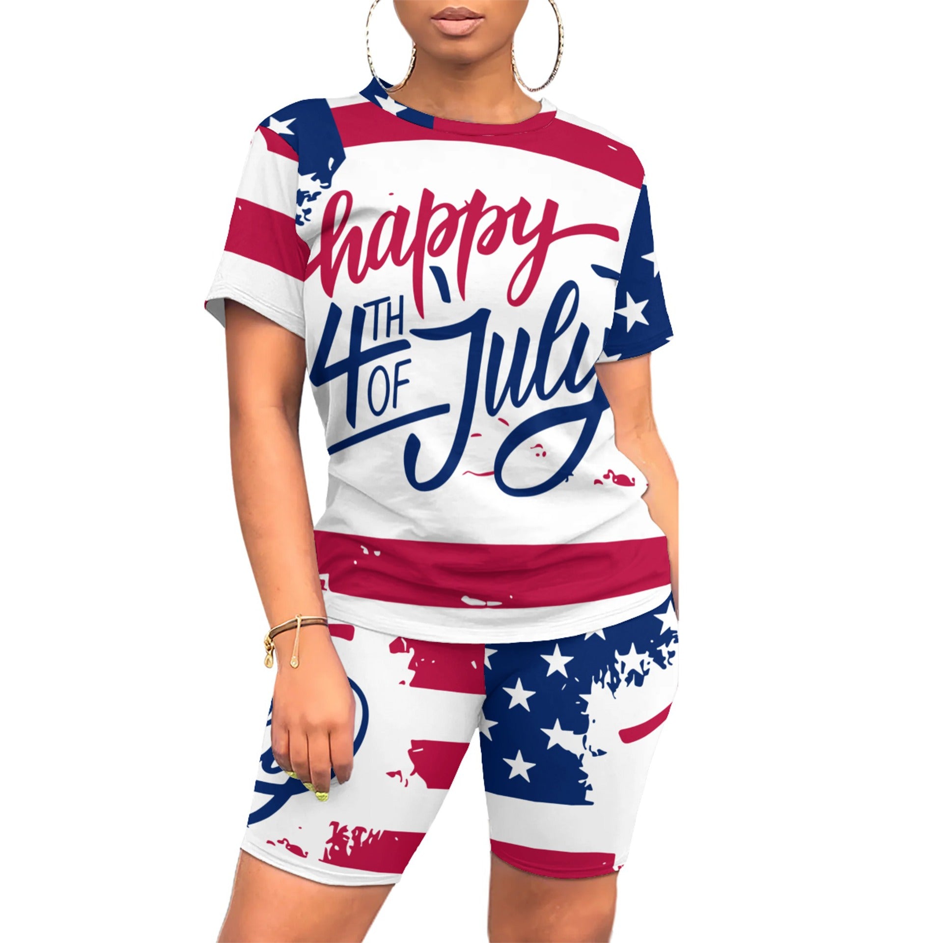 American Flag Print Fashion Casual Women's Short Sleeve T-Shirt Shorts Two Piece Set 19