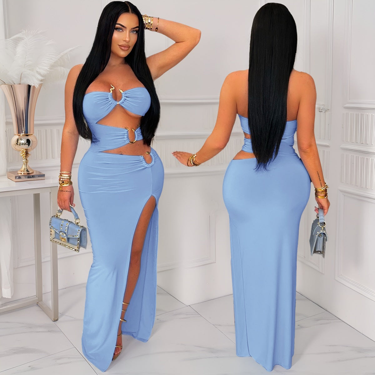 Women Sexy Cutout Metallic Patchwork Slit Bodycon Maxi Dress 6