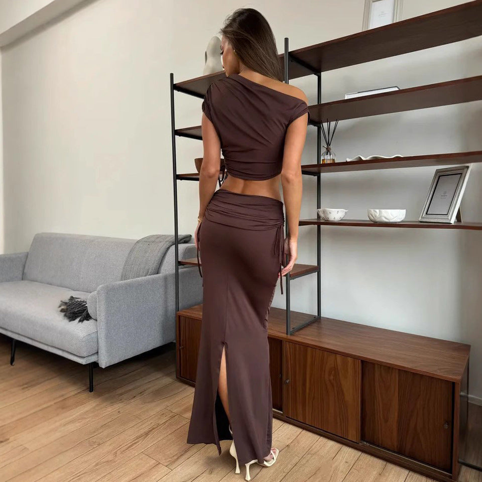 Women's Summer Chic Solid Color Slash-Shoulder Crop Top & Slit Skirt Two Piece Set 4